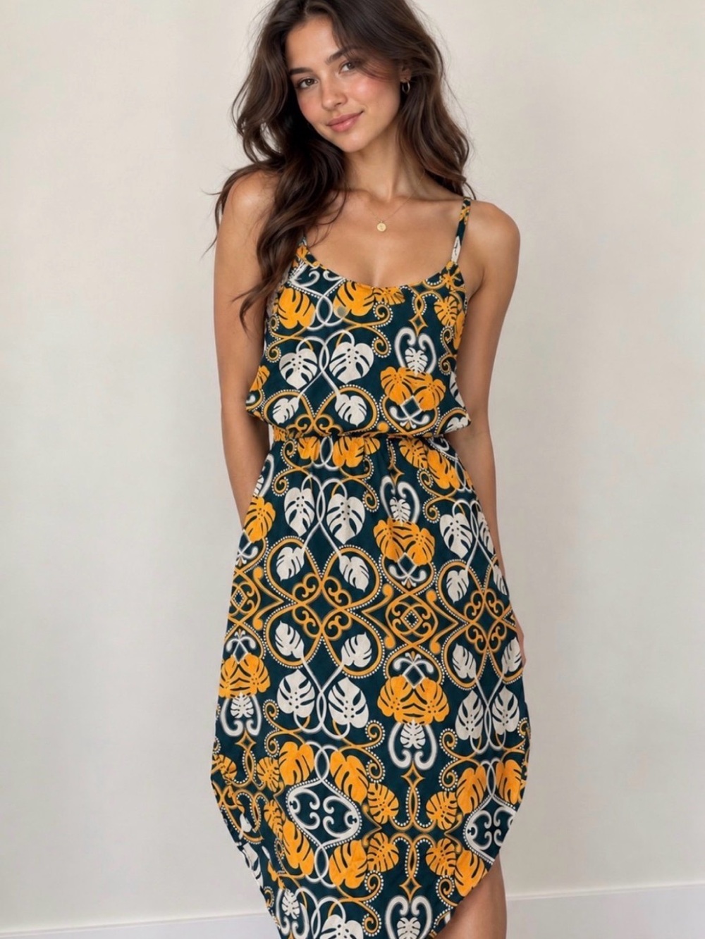H&M Spaghetti-Strap Midi Dress in Mustard, White & Forest Green
